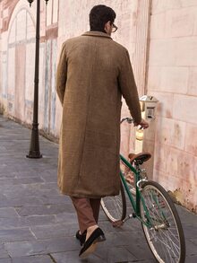 Mainfolk Men's Brown Houndstooth Trench Coat, Wide Long Single-Breasted Jacket, Brown Plaid, Autumn, Elegant, Formal Winter Earthy Fall Collection Coat - Multicolor - View 2
