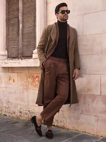 Mainfolk Men's Brown Houndstooth Trench Coat, Wide Long Single-Breasted Jacket, Brown Plaid, Autumn, Elegant, Formal Winter Earthy Fall Collection Coat - Multicolor - View 4