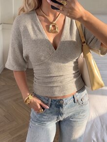 SHEIN Women Chic Minimalist Elegant Ribbed Knit Blouse, Deep V‑Neck Bust, Elbow‑Length Batwing Sleeve Ruched Fitted Cropped Casual Top Brunch Beige Summer - Apricot - View 4