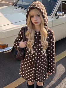 SHEIN 青少年女孩連帽保暖內裡長袖棕色波點外套，秋冬款 - 棕色 - 查看 1