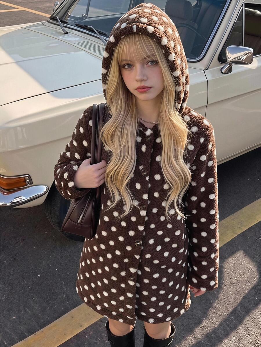 SHEIN 青少年女孩連帽保暖內裡長袖棕色波點外套，秋冬款 - 棕色 - 查看 1