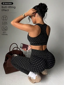Dewbera Dewbera 女款黑白波點上衣搭配高腰緊身褲休閒性感運動風日常運動套裝健身秋季 - 黑色 - 查看 1