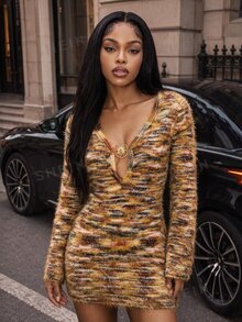 Mistrie Fall/ Fashion Sequin Deep V-Neck Sexy Sweater Dress Going Out Night Out Brown And Yellow - Multicolor - View 6