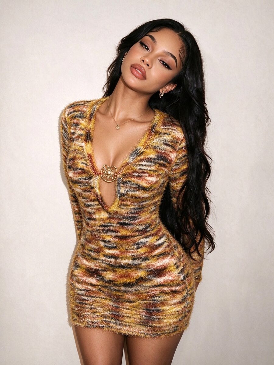 Mistrie Fall/ Fashion Sequin Deep V-Neck Sexy Sweater Dress Going Out Night Out Brown And Yellow