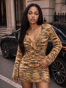 Mistrie Fall/ Fashion Sequin Deep V-Neck Sexy Sweater Dress Going Out Night Out Brown And Yellow - Multicolor - View 4