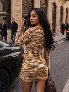 Mistrie Fall/ Fashion Sequin Deep V-Neck Sexy Sweater Dress Going Out Night Out Brown And Yellow - Multicolor - View 3