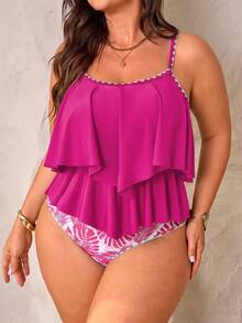 SHEIN Swim Curve 2件組大尺碼女款粉色細肩帶荷葉邊上衣＋高腰荷葉邊長褲套裝，夏季海灘度假性感熱帶風 - 彩色 - 查看 6
