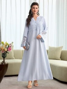 Mulvari Spring/Summer Fashion V-Neck Flare Sleeve Patchwork 3D Embroidery Ruffle Hem Robe Islamic Dresses Abaya For Women Modest Dress Dress With Lace Sleeves - Baby Blue - View 7