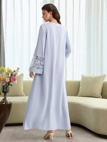 Mulvari Spring/Summer Fashion V-Neck Flare Sleeve Patchwork 3D Embroidery Ruffle Hem Robe Islamic Dresses Abaya For Women Modest Dress Dress With Lace Sleeves - Baby Blue - View 3