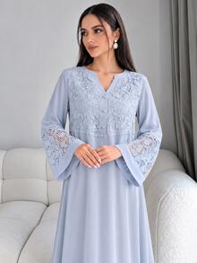 Mulvari Spring/Summer Fashion V-Neck Flare Sleeve Patchwork 3D Embroidery Ruffle Hem Robe Islamic Dresses Abaya For Women Modest Dress Dress With Lace Sleeves - Baby Blue - View 2