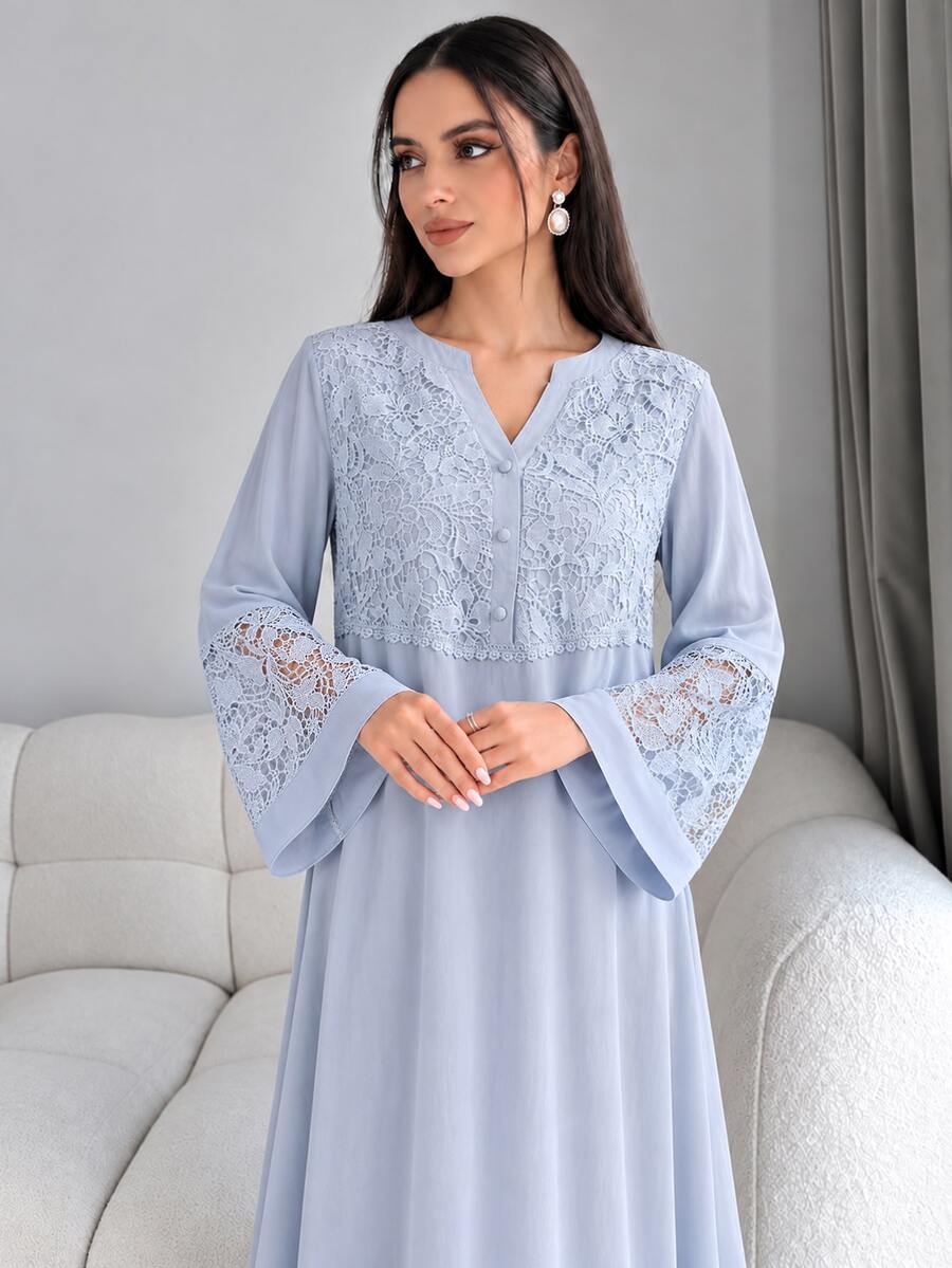 Mulvari Spring/Summer Fashion V-Neck Flare Sleeve Patchwork 3D Embroidery Ruffle Hem Robe Islamic Dresses Abaya For Women Modest Dress Dress With Lace Sleeves