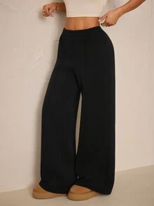 SHEIN PETITE Women's Solid Color Casual Versatile Daily Wear Long Pants - Black - View 4