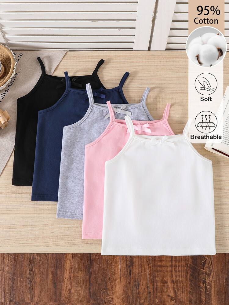 SHEIN 5pcs Young Girls Autumn/Winter Cute Camisole Underwear, Tank Top Style Innerwear, Multi-Color Fun Basic Colors With Pastel Fresh Tones, Blend Fabric, Soft And Comfortable, Elastic Skin-Friendly Non-Tight Camisole Tank Top, Suitable For Daily Wear - Multicolor - View 5