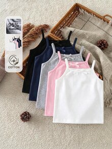 SHEIN 5件裝少女秋冬可愛細肩帶內衣，背心式內著，多色趣味基本色搭配清新馬卡龍色調，混紡面料，柔軟舒適，彈性親膚不緊繃，適合日常穿著 - 彩色 - 查看 2