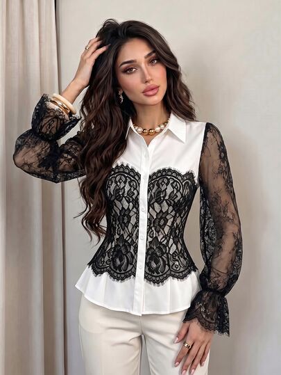 Modelyn Blouse blanche à col chemise avec patchwork en dentelle à motif floral, manches pétales, coupe slim, style jeune, polyvalente, élégante et sexy pour femmes, pour dîner, rendez-vous et soirée d'automne