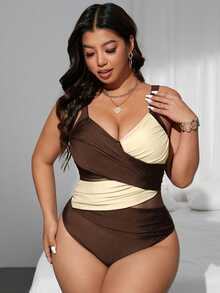 SHEIN Swim Curve 大尺碼女款交叉式棕色網格拼接連身泳衣，夏季海灘派對度假性感優雅 - 彩色 - 查看 5