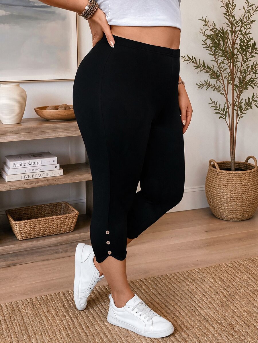 EMERY ROSE Plus Size Women's Fashion Solid Color Slim-Fit All-Match Leggings - Black - View 1