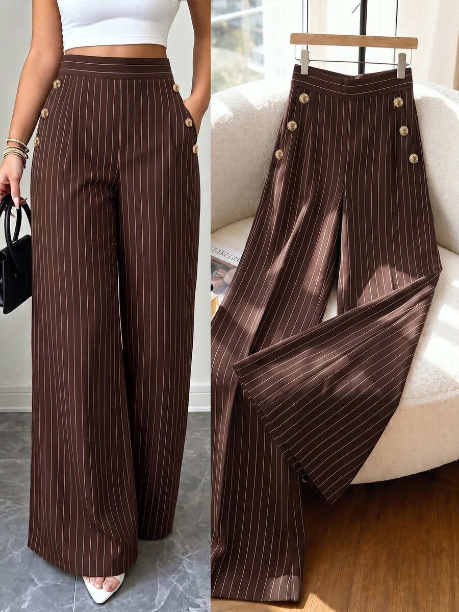 SHEIN LUNE CURVE Plus Striped Print Button Decor Wide Leg Pants Fall - Coffee Brown - View 1
