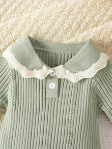 SHEIN Baby Baby Romper Ribbed Knit Long Sleeve Peter Pan Collar Solid Sage Green - Green - View 4