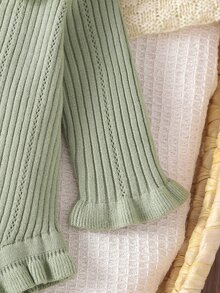 SHEIN Baby Baby Romper Ribbed Knit Long Sleeve Peter Pan Collar Solid Sage Green - Green - View 5