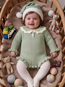 SHEIN Baby Baby Romper Ribbed Knit Long Sleeve Peter Pan Collar Solid Sage Green - Green - View 7
