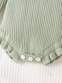 SHEIN Baby Baby Romper Ribbed Knit Long Sleeve Peter Pan Collar Solid Sage Green - Green - View 6