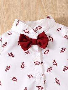 Souflis Souflis Baby Boy Dinosaur Print Bow Front Shirt Bodysuit & Pinafore Shorts - Red and White - View 4