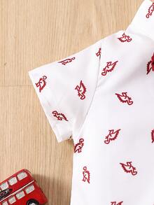 Souflis Souflis Baby Boy Dinosaur Print Bow Front Shirt Bodysuit & Pinafore Shorts - Red and White - View 5
