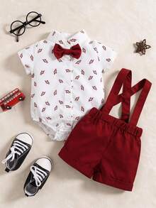 Souflis Souflis Baby Boy Dinosaur Print Bow Front Shirt Bodysuit & Pinafore Shorts - Red and White - View 1