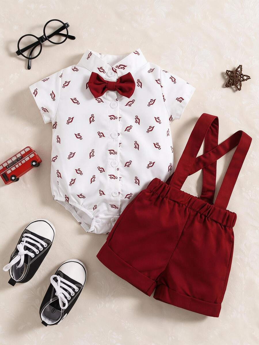 Souflis Souflis Baby Boy Dinosaur Print Bow Front Shirt Bodysuit & Pinafore Shorts - Red and White - View 1