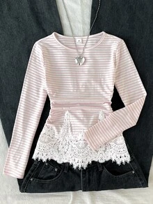 SHEIN Girls Pink & White Striped Round Neck Long Sleeve T-Shirt, Side Ruched Waist Design, Eyelash Lace Trim Hem, Slim Fit Base Layer Top - Pink - View 2