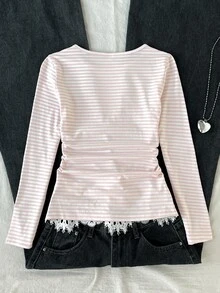 SHEIN Girls Pink & White Striped Round Neck Long Sleeve T-Shirt, Side Ruched Waist Design, Eyelash Lace Trim Hem, Slim Fit Base Layer Top - Pink - View 7
