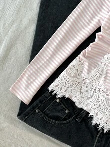 SHEIN Girls Pink & White Striped Round Neck Long Sleeve T-Shirt, Side Ruched Waist Design, Eyelash Lace Trim Hem, Slim Fit Base Layer Top - Pink - View 4