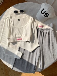 Comfortcana 2025 New Autumn Vacation 2 Pieces Set, Letter Print Long Sleeve T-Shirt With Color Block Long Pants In Cream Yellow And Pink Fall - Black and White - View 5