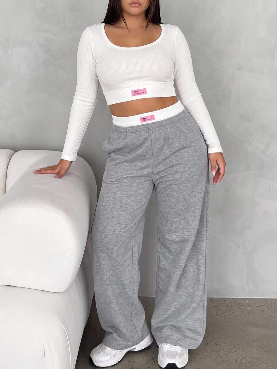 Comfortcana 2025 New Autumn Vacation 2 Pieces Set, Letter Print Long Sleeve T-Shirt With Color Block Long Pants In Cream Yellow And Pink Fall - Black and White - View 1