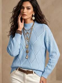EMERY ROSE Suéter de cuello alto de unicolor de manga larga y ajustado para mujer, suéter de punto de otoño e invierno - Celeste - Ver 8