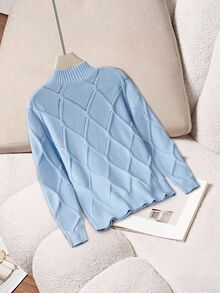 EMERY ROSE Suéter de cuello alto de unicolor de manga larga y ajustado para mujer, suéter de punto de otoño e invierno - Celeste - Ver 2
