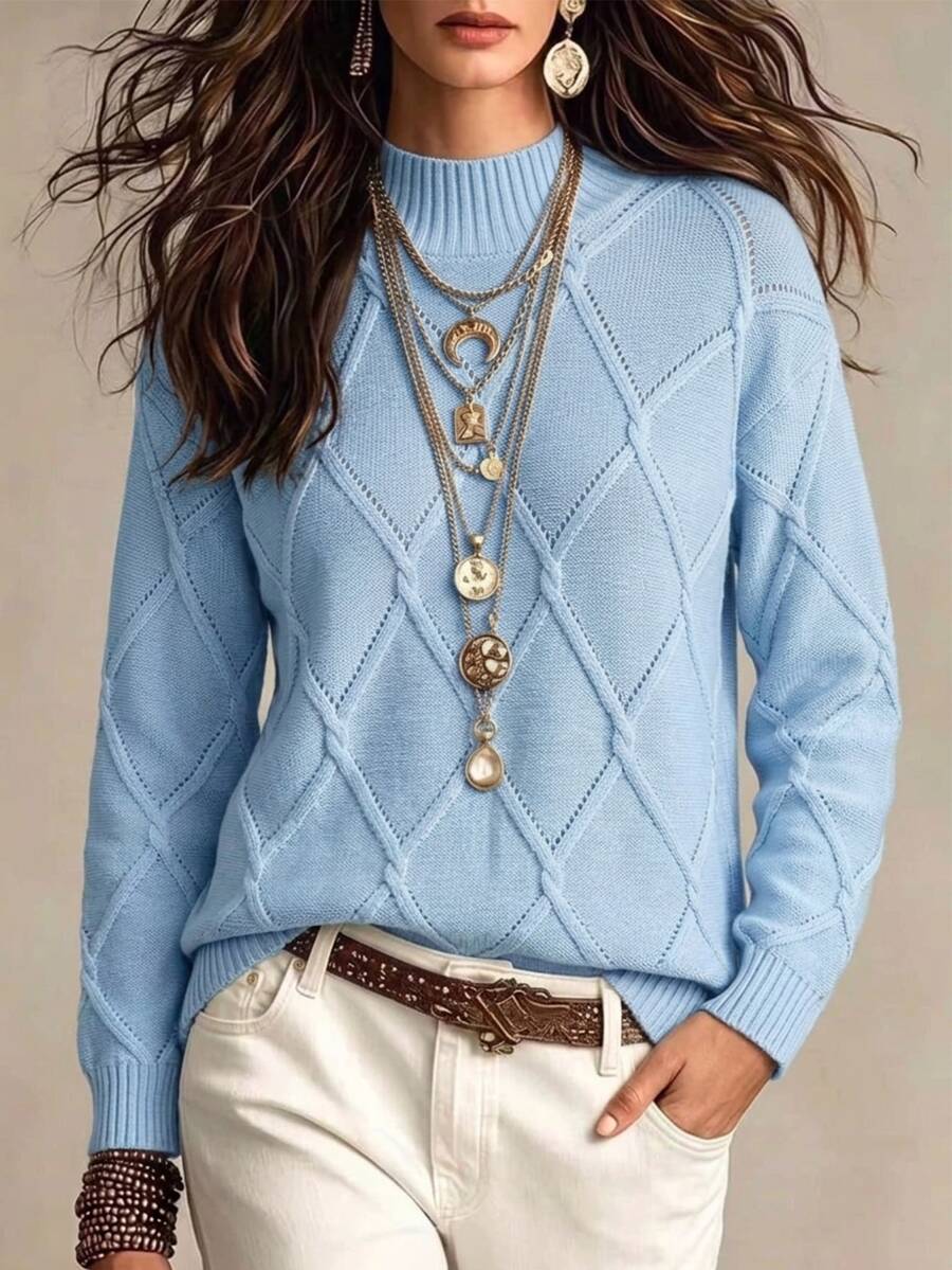 EMERY ROSE Suéter de cuello alto de unicolor de manga larga y ajustado para mujer, suéter de punto de otoño e invierno - Celeste - Ver 1