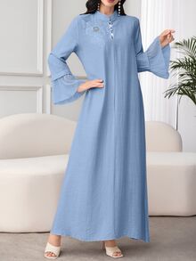 Mulvari 阿拉伯风格宽松长袖女式连衣裙，带补丁，立领，网眼嵌件 - 藍色 - 查看 5