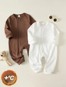 SHEIN 2pcs Newborn Baby Boy Baby Girl Autumn/Winter Solid Color Knitted Soft Round Neck Long Sleeve Jumpsuit, Versatile And Comfortable - Multicolor - View 8