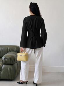 Solavon Women's Solid Color Casual Daily Arabic Style Top - Black - View 2