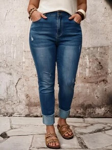 SHEIN ICON Quần jeans dáng ôm casual giặt mài size lớn - Rửa trung bình - Xem 7