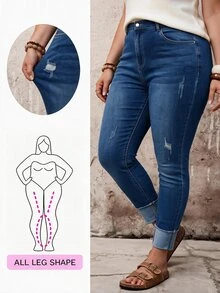 SHEIN ICON Quần jeans dáng ôm casual giặt mài size lớn - Rửa trung bình - Xem 8
