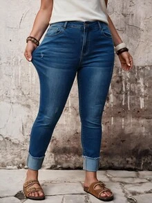 SHEIN ICON Quần jeans dáng ôm casual giặt mài size lớn - Rửa trung bình - Xem 5