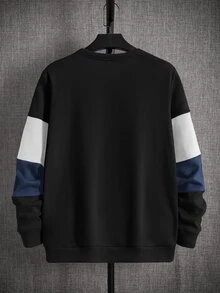 SHEIN 青少年男孩休閒圓領長袖對比色拼接寬鬆衛衣，適合春夏秋冬，日常穿著與休閒場合 - 黑色 - 查看 2