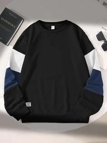 SHEIN 青少年男孩休閒圓領長袖對比色拼接寬鬆衛衣，適合春夏秋冬，日常穿著與休閒場合 - 黑色 - 查看 7