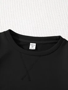 SHEIN 青少年男孩休閒圓領長袖對比色拼接寬鬆衛衣，適合春夏秋冬，日常穿著與休閒場合 - 黑色 - 查看 4