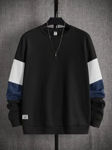 SHEIN 青少年男孩休閒圓領長袖對比色拼接寬鬆衛衣，適合春夏秋冬，日常穿著與休閒場合 - 黑色 - 查看 1