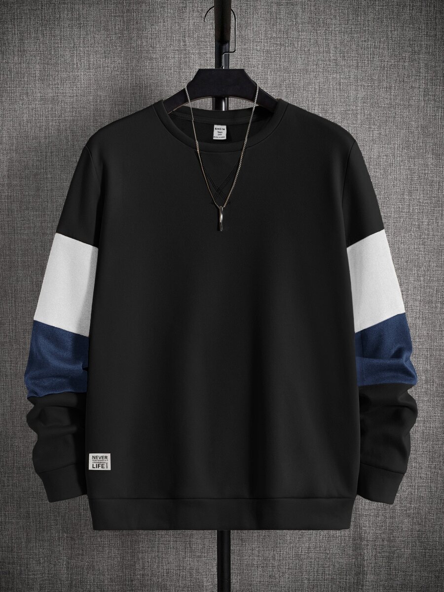 SHEIN 青少年男孩休閒圓領長袖對比色拼接寬鬆衛衣,適合春夏秋冬,日常穿著與休閒場合 - 黑色 - 查看 1