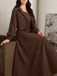 Seusyu 2pcs/Set Women Solid Color Long Sleeve Minimalist Jacket And Wide Strap Casual Dress 2 Pieces Set Fall Cloth For Women - Coffee Brown - View 8
